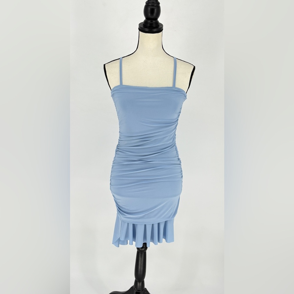 Cheryl Creations Ruched Mini Cami Dress Ruffle Hem Blue Size‎ Medium Made in USA